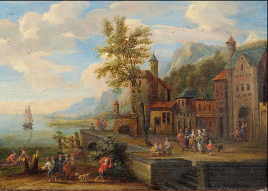 Matthijs Schoevaerdts - A harbour view with figural scenes